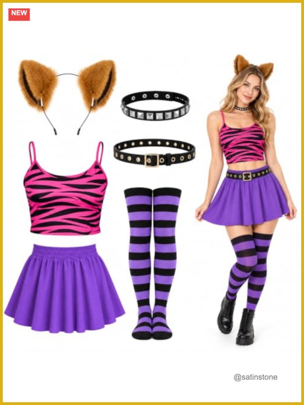 6 Pc Cat Costume Set Furry Ears Crop Top Skirt Socks Choker Belt Halloween